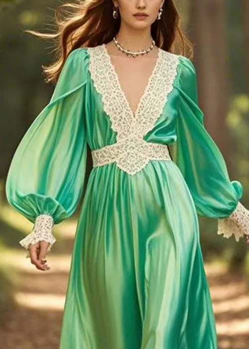 New Green V Neck Wrinkled Patchwork Silk Long Dress Spring - Image 2