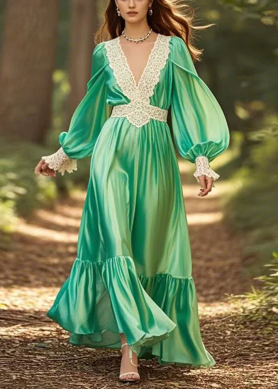 New Green V Neck Wrinkled Patchwork Silk Long Dress Spring - Image 3