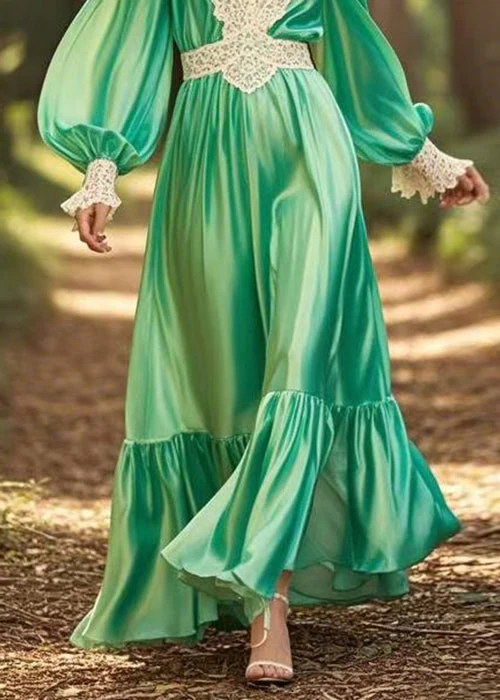 New Green V Neck Wrinkled Patchwork Silk Long Dress Spring - Image 4