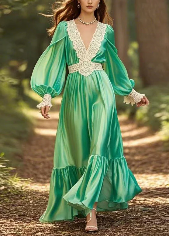 New Green V Neck Wrinkled Patchwork Silk Long Dress Spring - Image 5