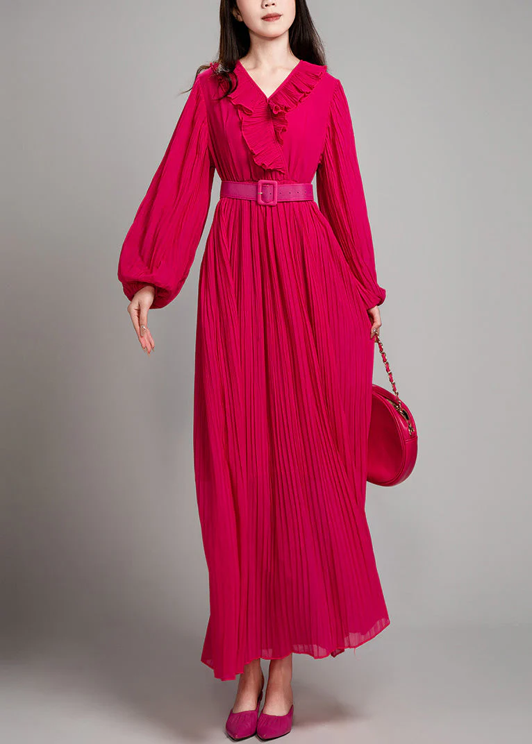 New Green V Neck Wrinkled Solid Cotton Long Dress Fall - Image 2