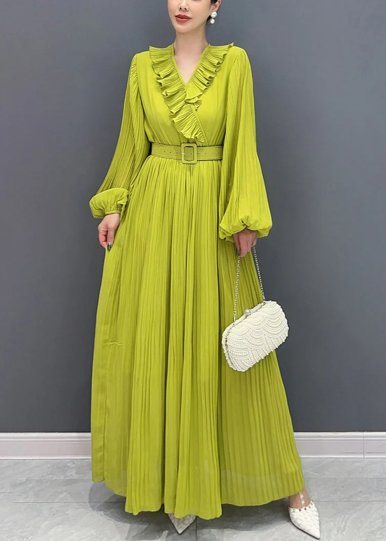 New Green V Neck Wrinkled Solid Cotton Long Dress Fall - Image 3