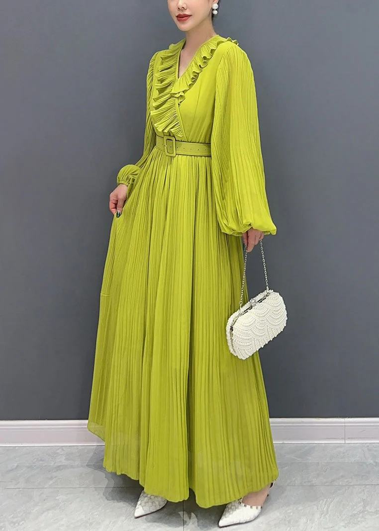 New Green V Neck Wrinkled Solid Cotton Long Dress Fall - Image 4