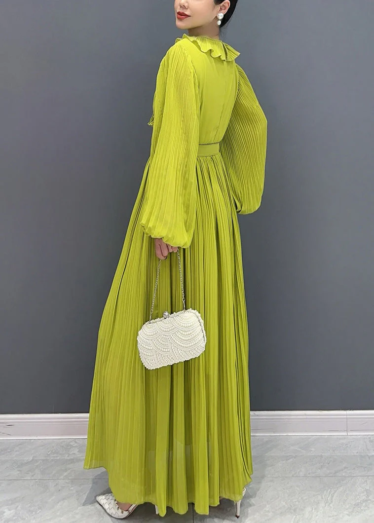 New Green V Neck Wrinkled Solid Cotton Long Dress Fall - Image 5