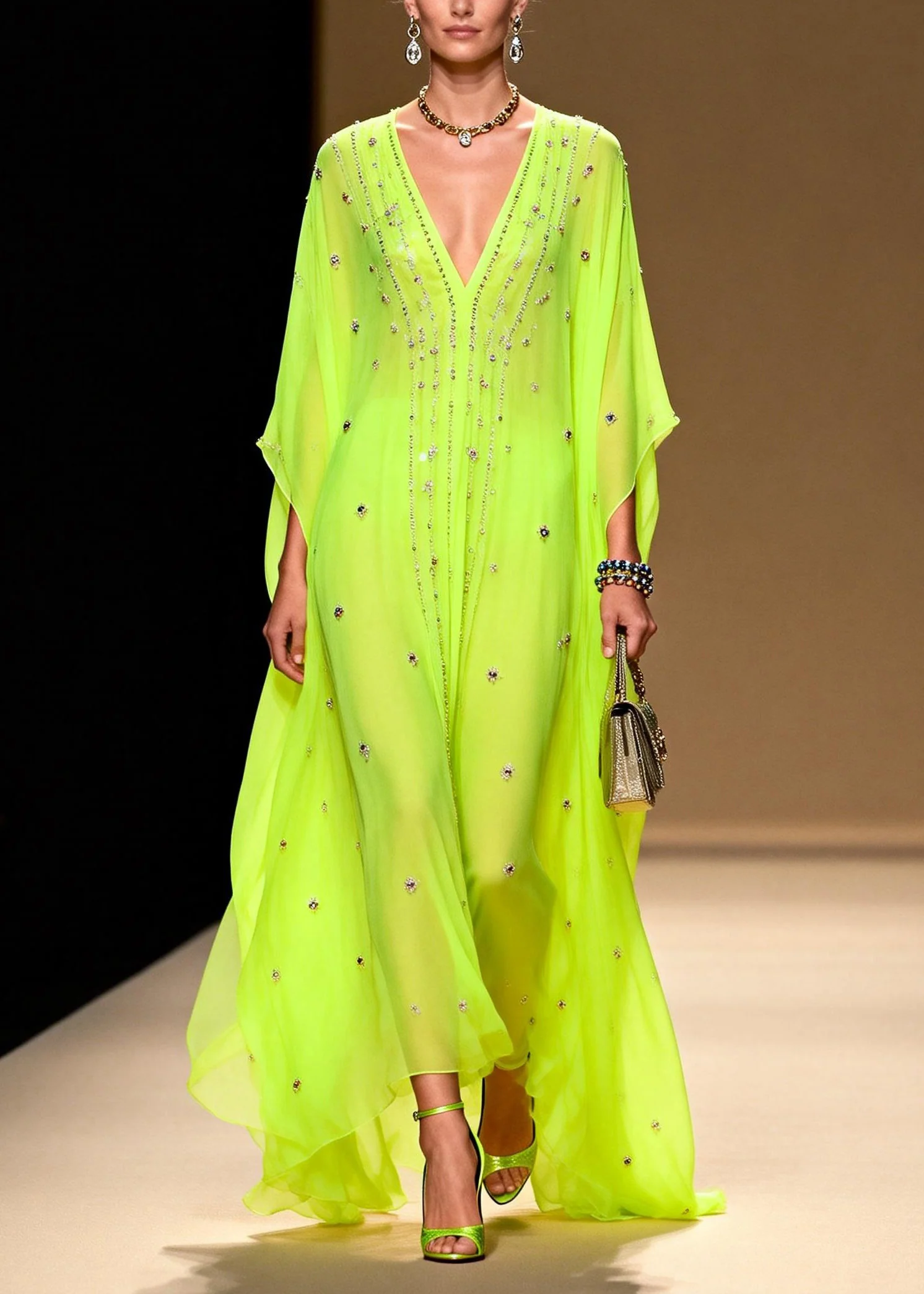 New Green V Neck Zircon Patchwork Chiffon Dresses Summer - Image 3