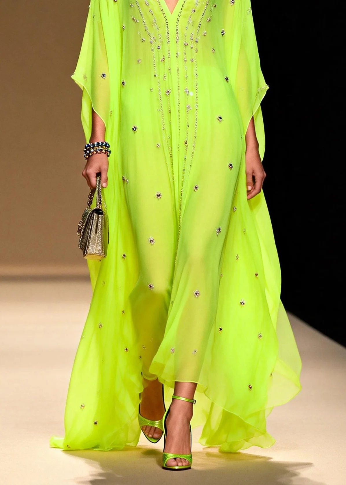 New Green V Neck Zircon Patchwork Chiffon Dresses Summer - Image 4