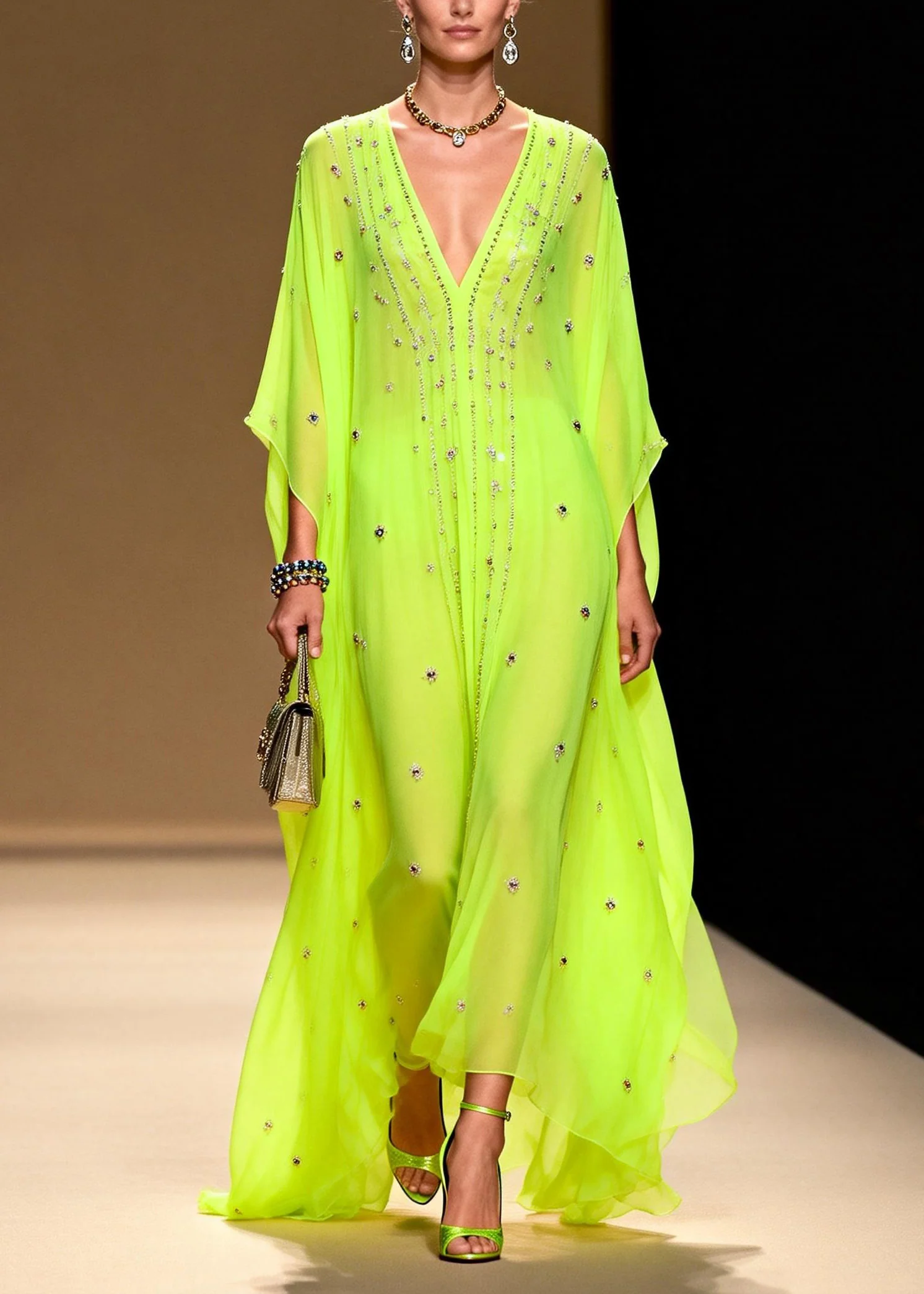 New Green V Neck Zircon Patchwork Chiffon Dresses Summer - Image 5