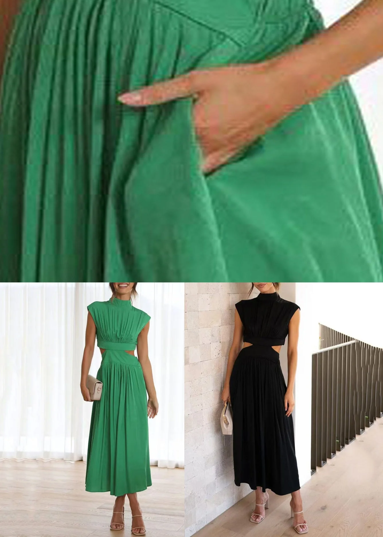 New Green Wrinkled Hollow Out Cotton Long Dress Summer - Image 5
