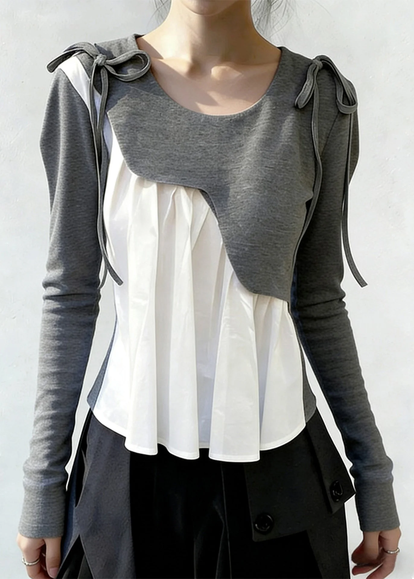 New Grey Asymmetrical Lace Up Patchwork Cotton T Shirts Spring - Image 2