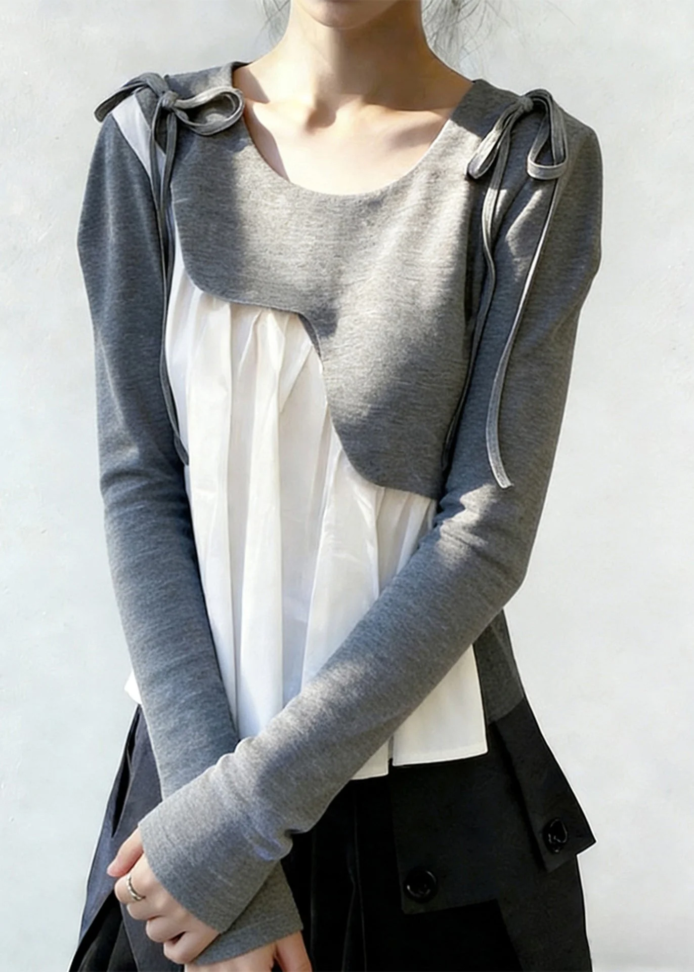 New Grey Asymmetrical Lace Up Patchwork Cotton T Shirts Spring - Image 3