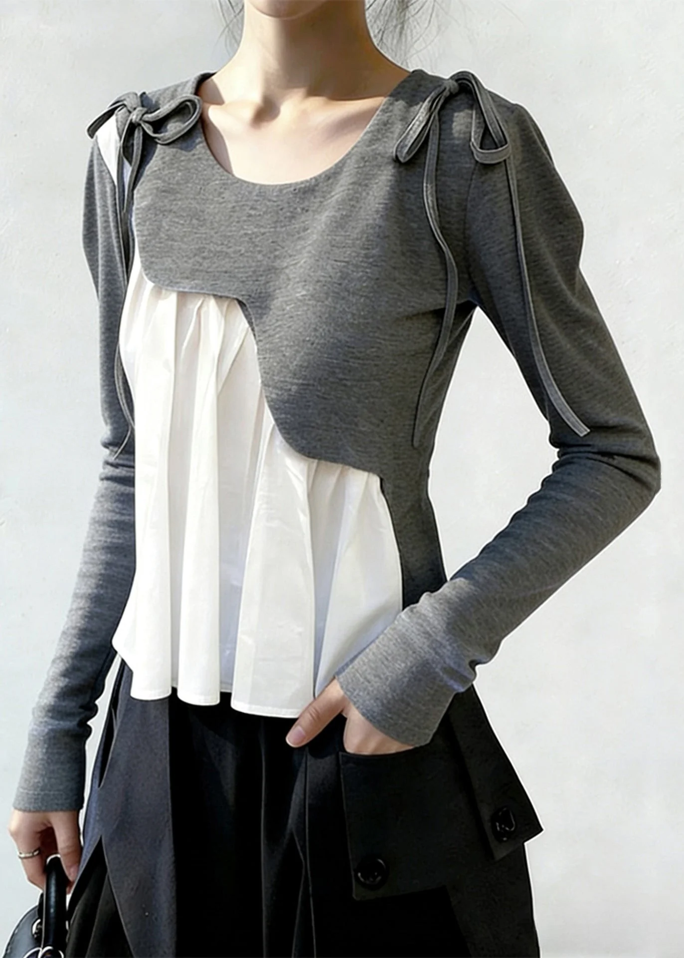 New Grey Asymmetrical Lace Up Patchwork Cotton T Shirts Spring - Image 4