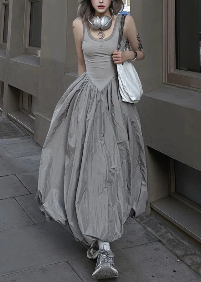 New White polka dots Backless Patchwork Cotton Long Dresses Sleeveless - Image 2