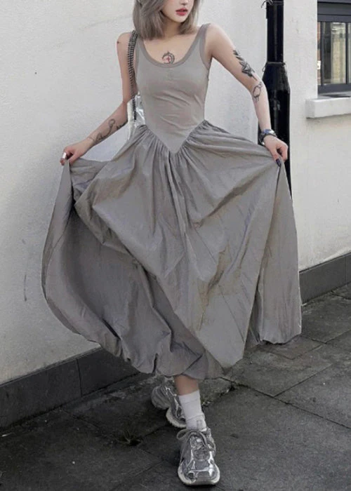 New Grey Backless Patchwork Cotton Long Dresses Sleeveless - Image 3