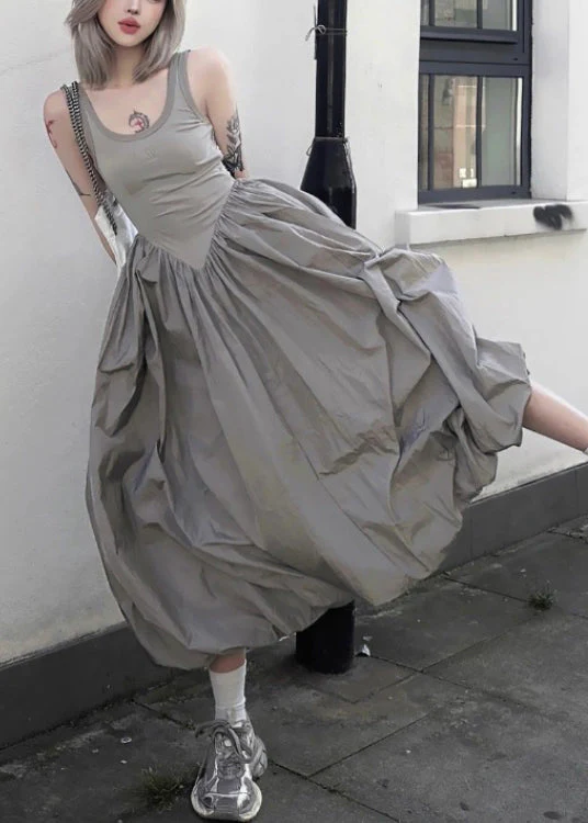New Grey Backless Patchwork Cotton Long Dresses Sleeveless - Image 4