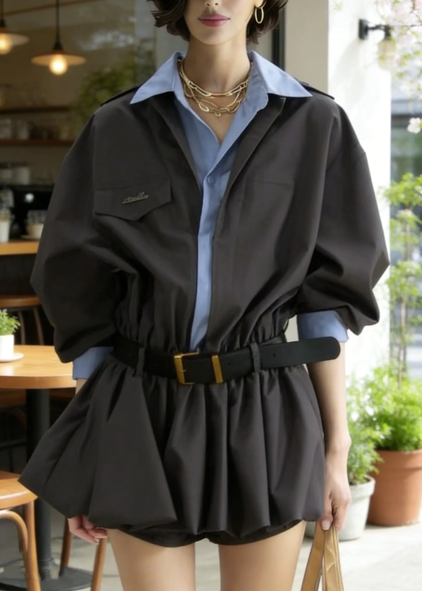 New Grey Button False Two Pieces Patchwork Cotton Shirts Dresses Spring - Image 5