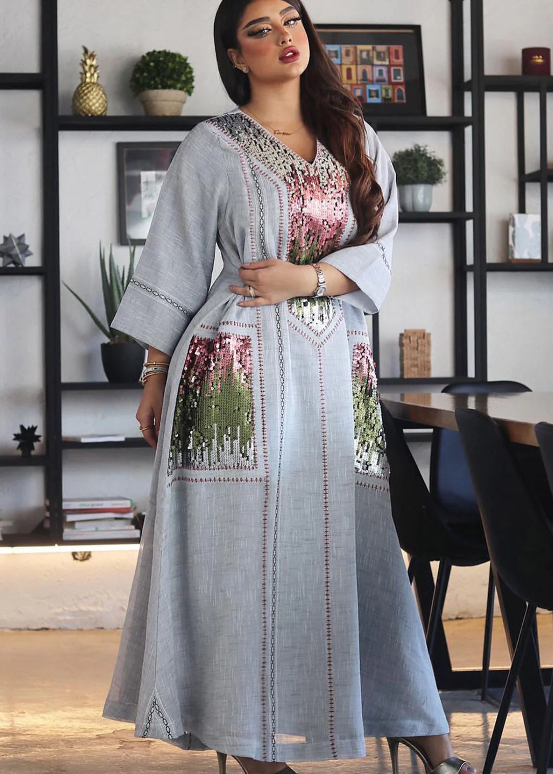 New Grey Ethnic Style Sequined Embroidered V Neck Long Dress - Image 2