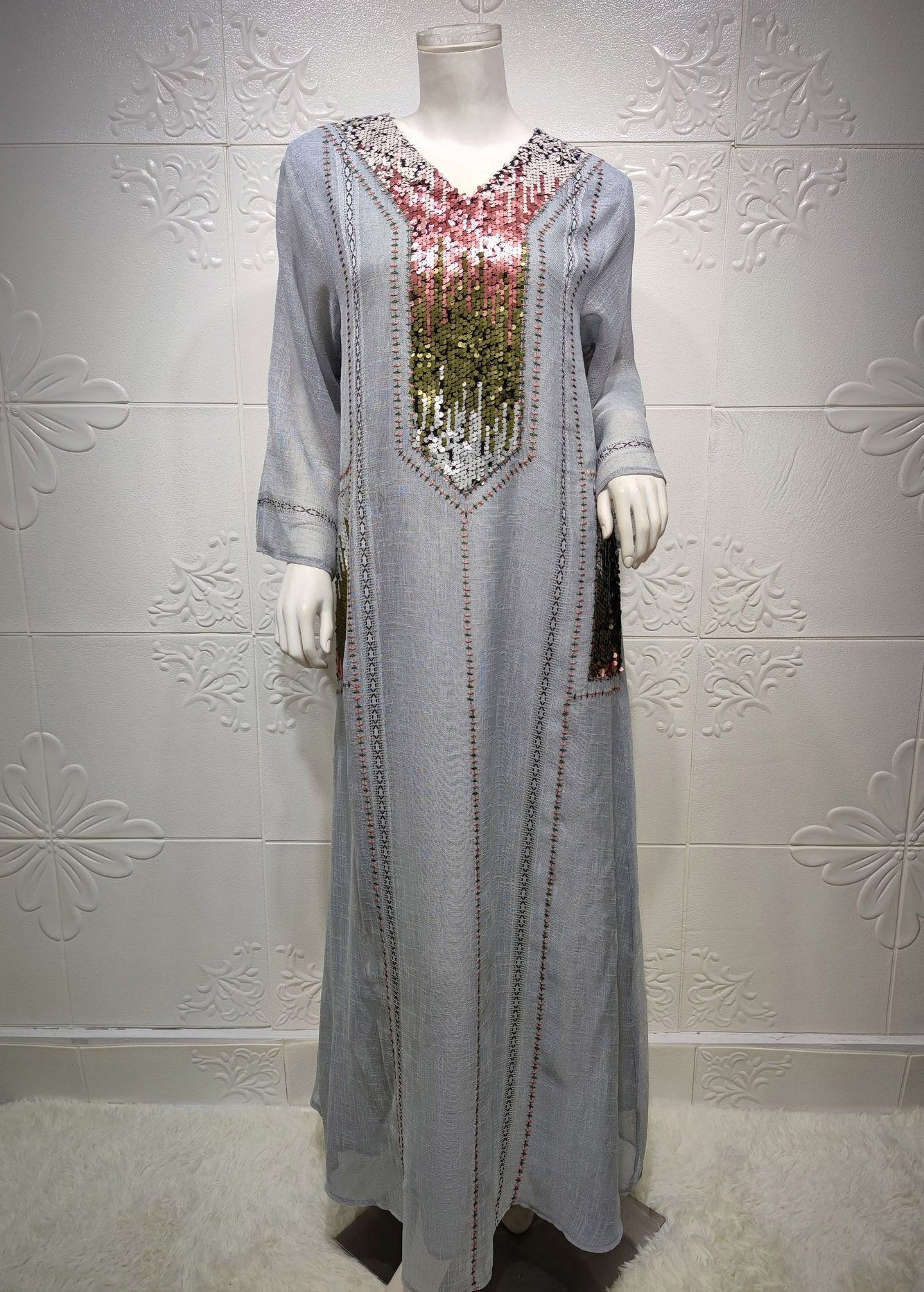 New Grey Ethnic Style Sequined Embroidered V Neck Long Dress - Image 3