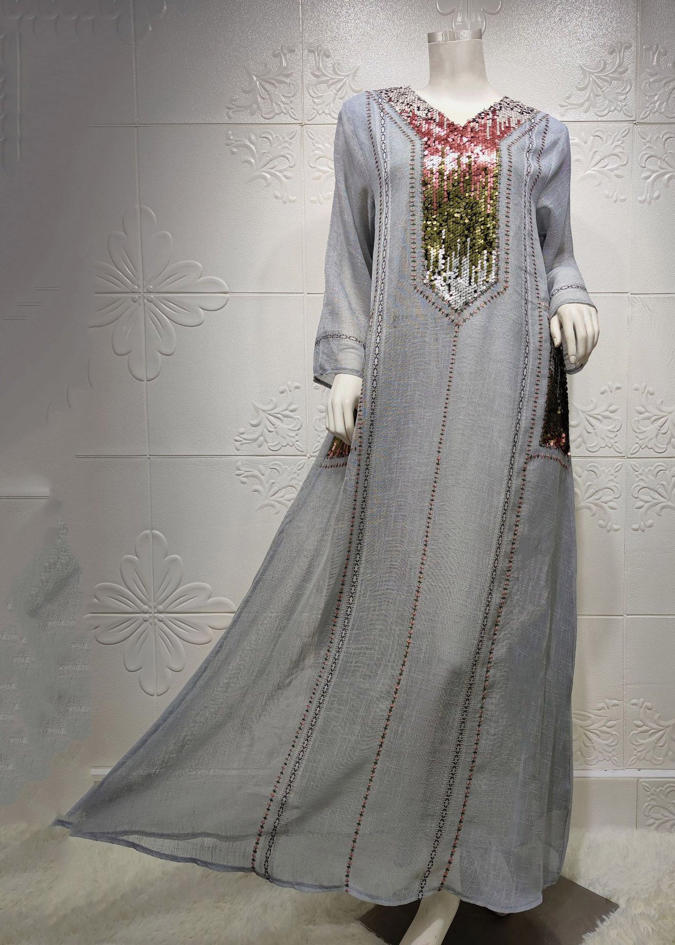 New Grey Ethnic Style Sequined Embroidered V Neck Long Dress - Image 4