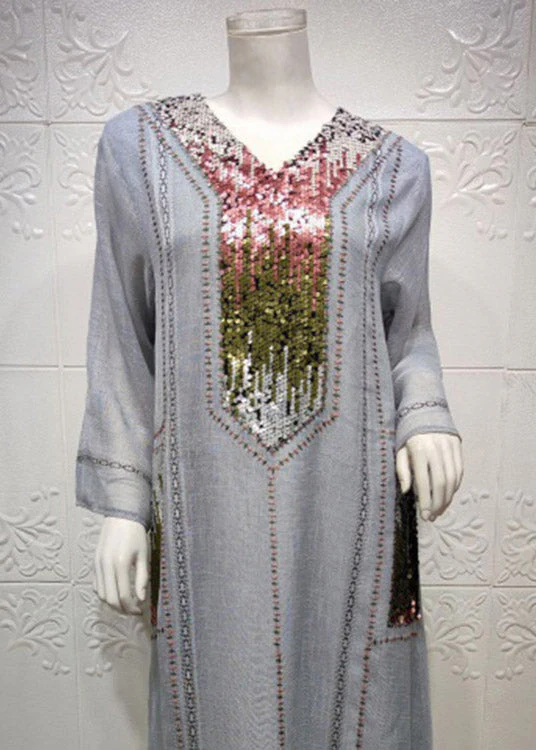 New Grey Ethnic Style Sequined Embroidered V Neck Long Dress - Image 5