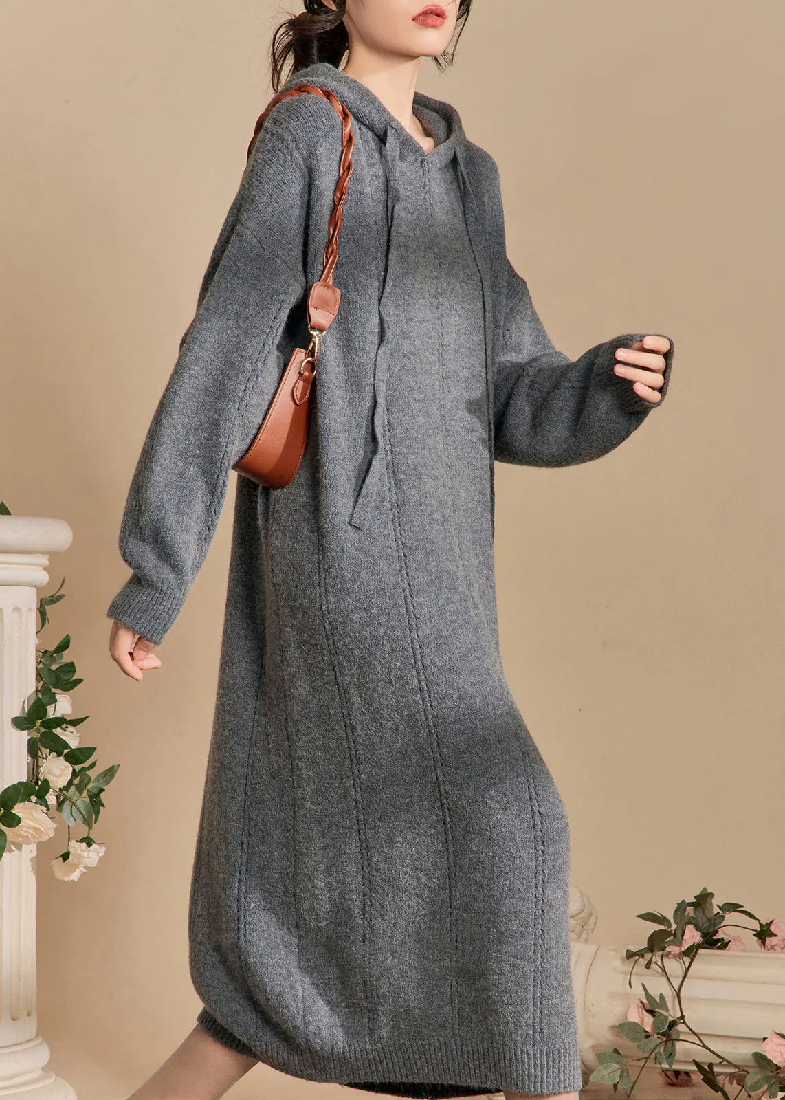 New Grey Hooded Hollow Out Solid Knit Long Dress Winter - Image 2
