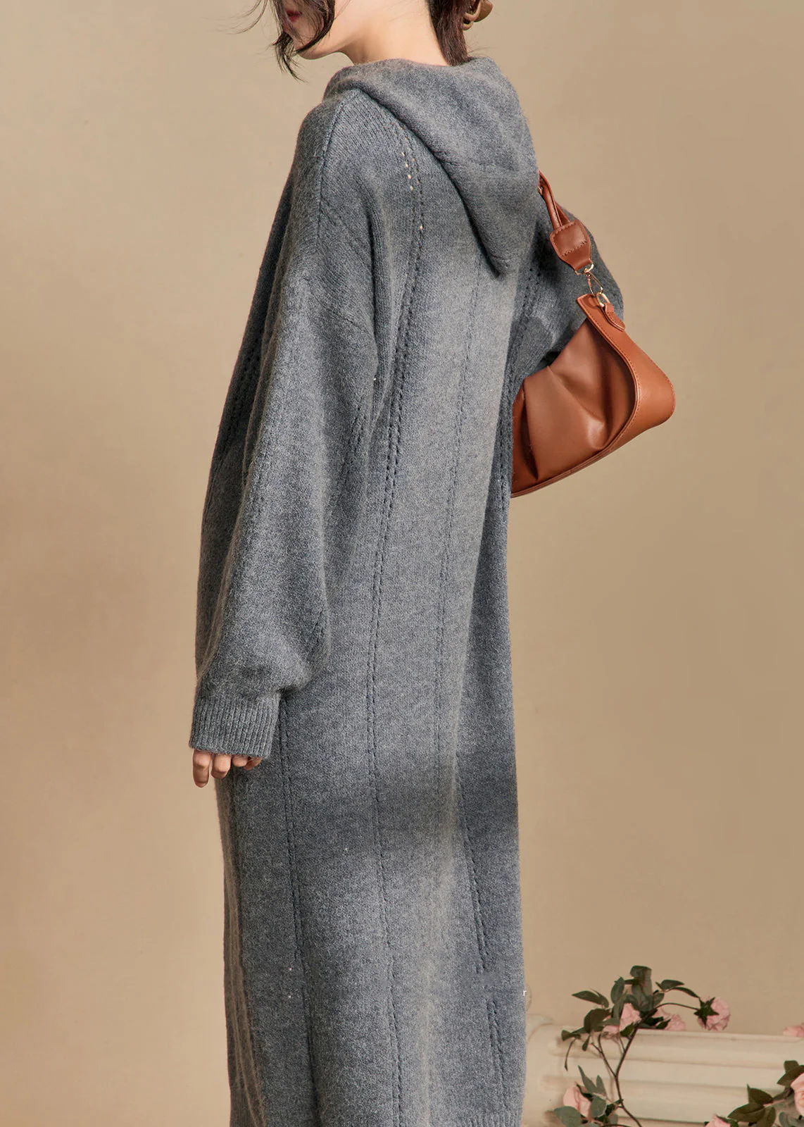 New Grey Hooded Hollow Out Solid Knit Long Dress Winter - Image 3