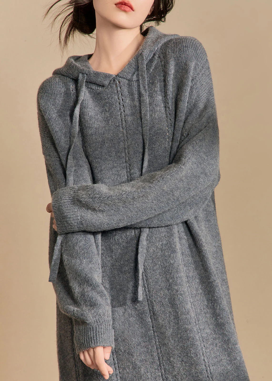 New Grey Hooded Hollow Out Solid Knit Long Dress Winter - Image 4