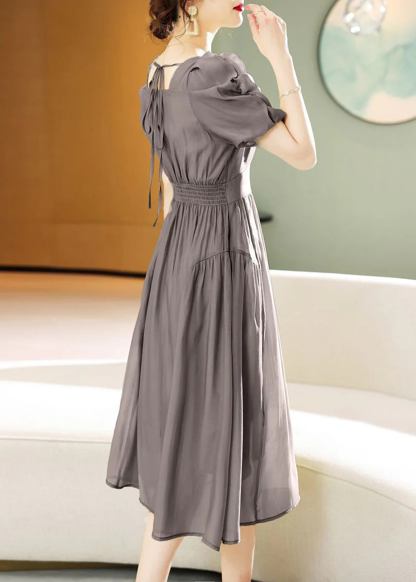 New Grey Lace Up Patchwork Chiffon Dress Short Sleeve - Image 4