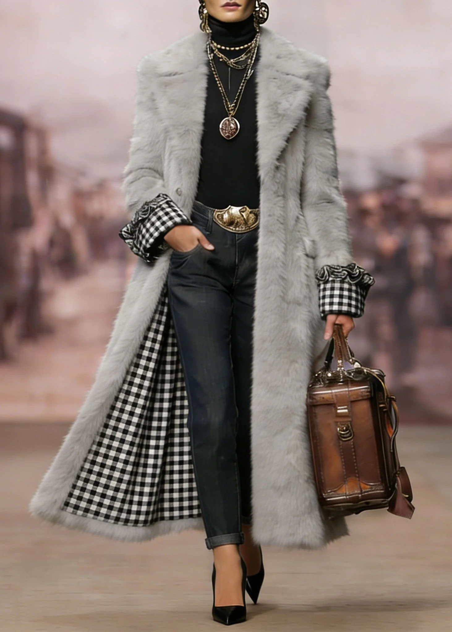New Grey Peter Pan Collar Plaid Patchwork Faux Fur Coat Winter - Image 3