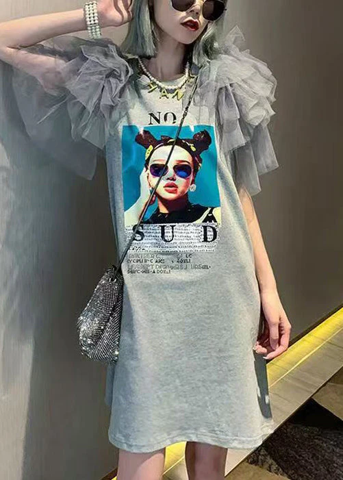 New Grey Print Tulle Patchwork Cotton T Shirts Dress Summer - Image 2