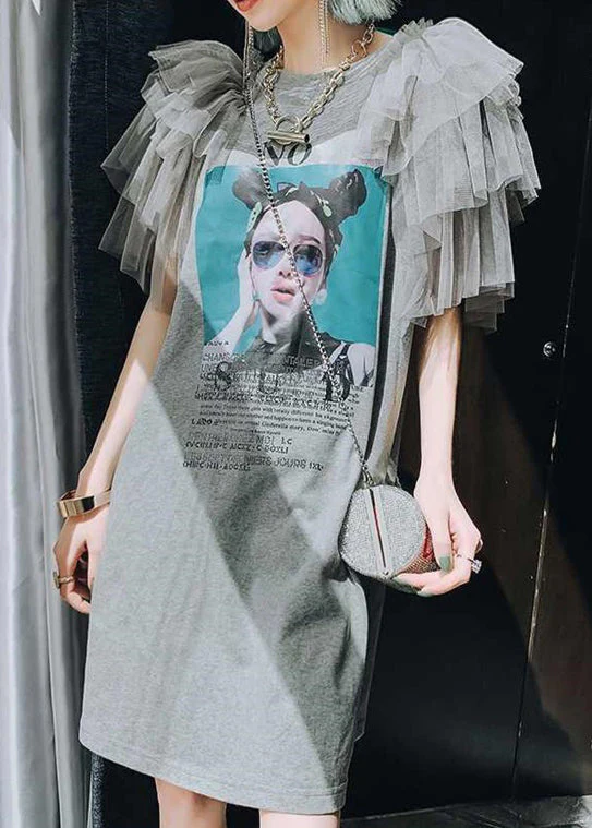 New Grey Print Tulle Patchwork Cotton T Shirts Dress Summer - Image 3