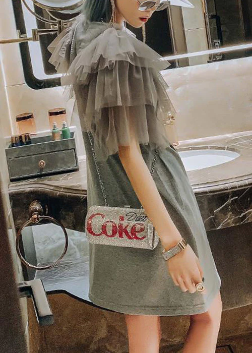 New Grey Print Tulle Patchwork Cotton T Shirts Dress Summer - Image 4