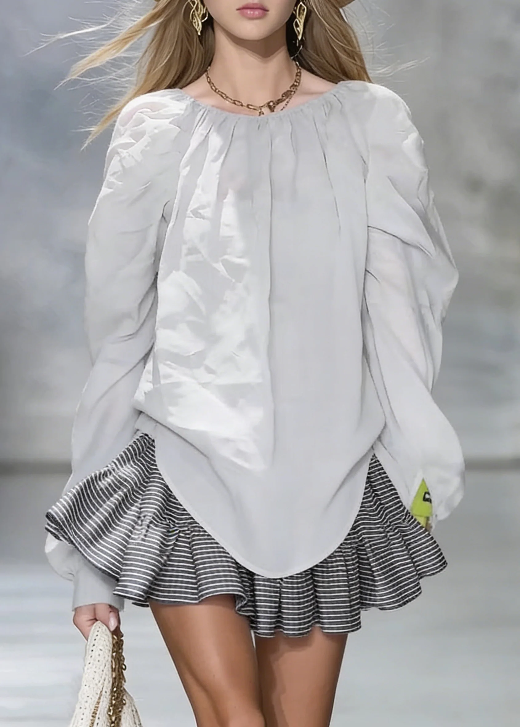 New Grey Wrinkled Solid Cotton Shirt Tops Spring - Image 4