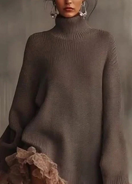 New Hign Neck Ruffled Patchwork Knit Sweaters Dress Winter - Image 2