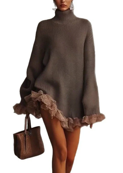 New Hign Neck Ruffled Patchwork Knit Sweaters Dress Winter - Image 5