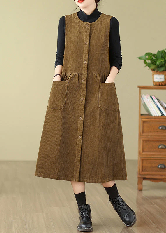 New Khaki Button Wrinkled Corduroy Waistcoat Dress Sleeveless - Image 3