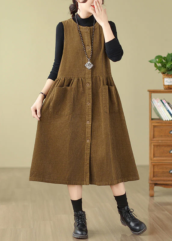 New Khaki Button Wrinkled Corduroy Waistcoat Dress Sleeveless - Image 4