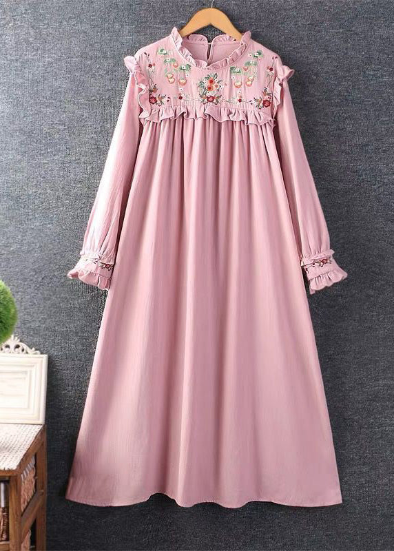 New Khaki Embroideried Ruffled Cotton Long Dresses Spring - Image 2