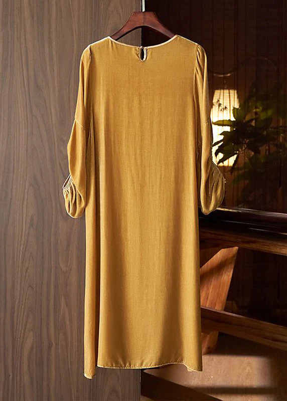New Khaki O Neck Patchwork Velour Dress Lantern Sleeve - Image 3