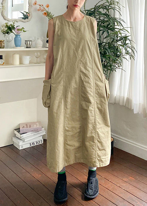 New Khaki O Neck Pockets Cotton Long Dress Sleeveless - Image 2