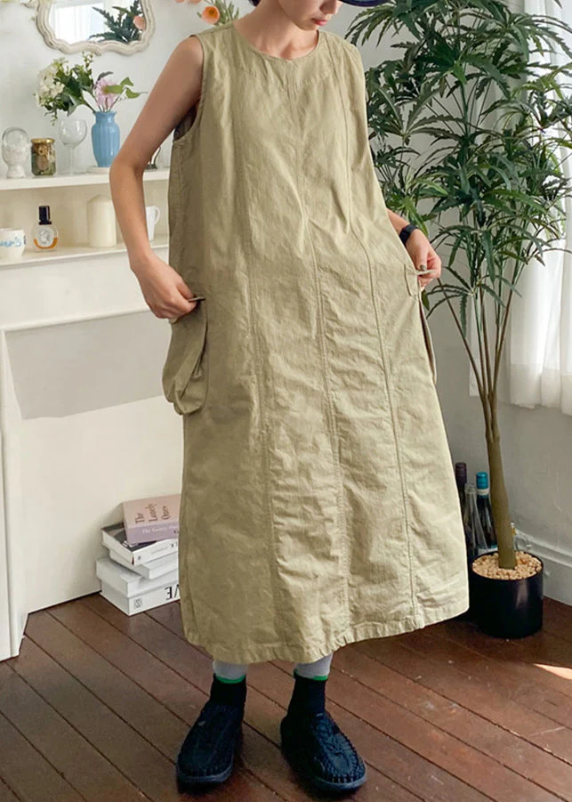 New Khaki O Neck Pockets Cotton Long Dress Sleeveless - Image 3