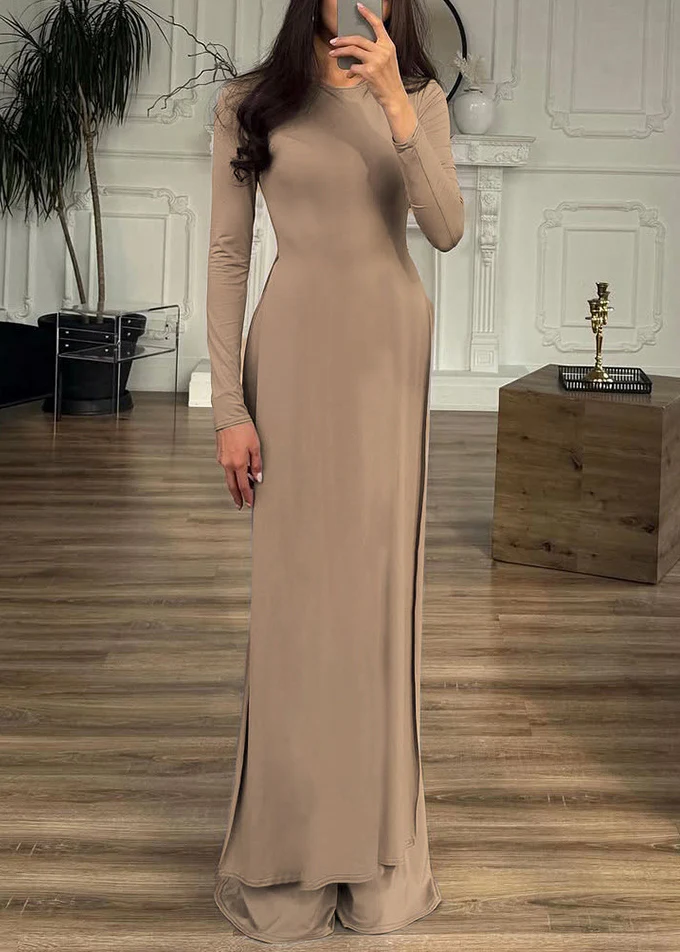New Khaki O Neck Side Open Cotton Two-Piece Set Spring - Image 2
