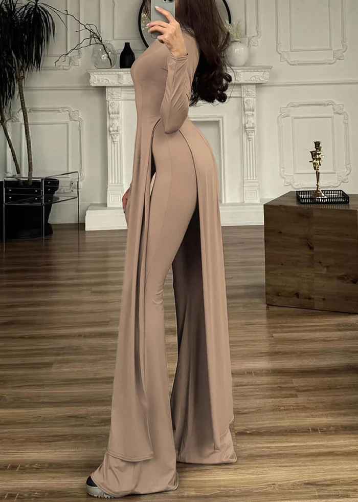 New Khaki O Neck Side Open Cotton Two-Piece Set Spring - Image 4