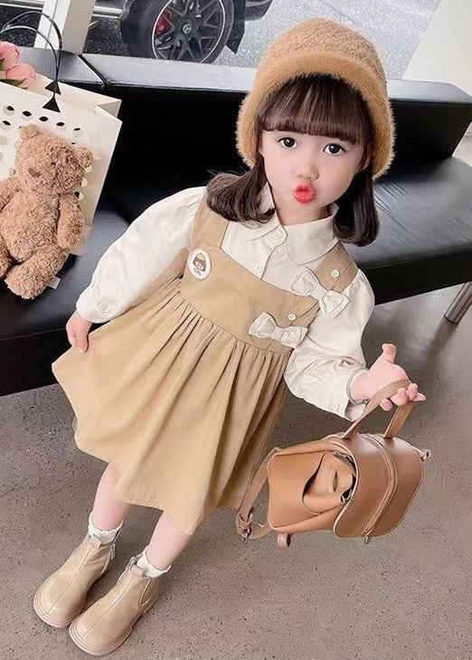 New Khaki Peter Pan Collar False Two Pieces Cotton Girls Dress Long Sleeve - Image 3