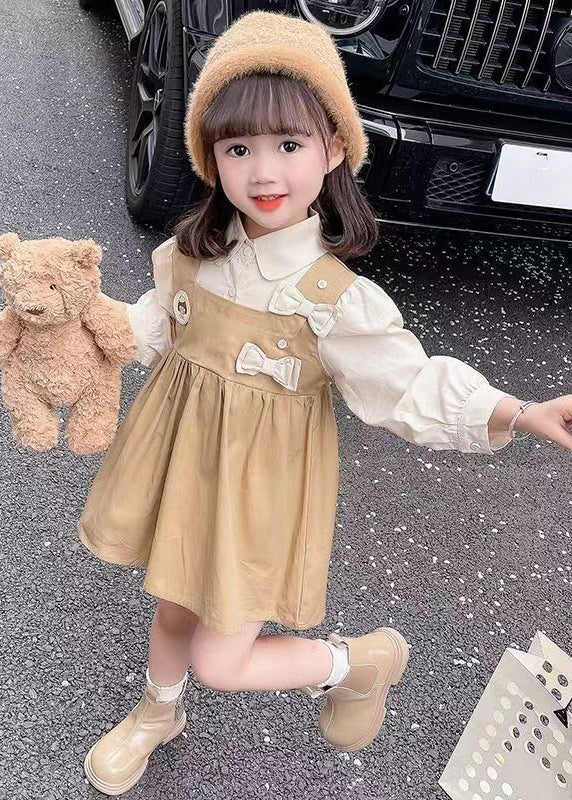 New Khaki Peter Pan Collar False Two Pieces Cotton Girls Dress Long Sleeve - Image 5