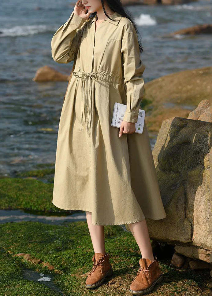 New Khaki Peter Pan Collar Lace Up Cotton Blouse Dress Fall - Image 4