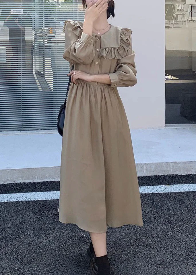 New Khaki Ruffled Button Cotton Long Dresses Spring - Image 3