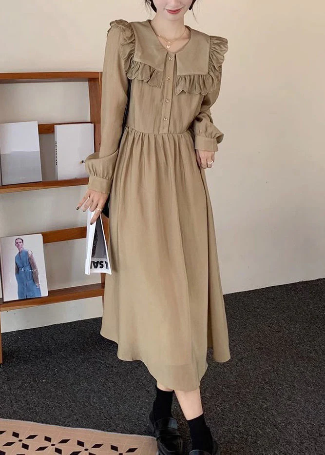 New Khaki Ruffled Button Cotton Long Dresses Spring - Image 4