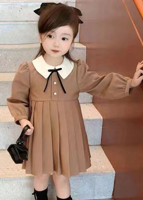 New Khaki Wrinkled Solid Cotton Girls Dresses Fall - Image 2