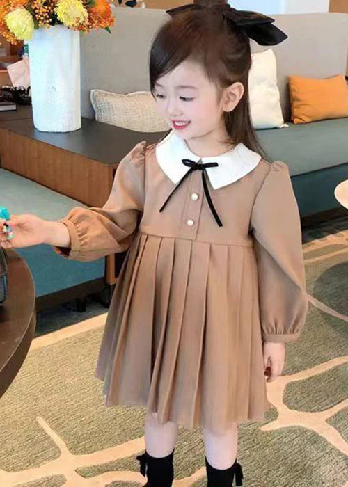 New Khaki Wrinkled Solid Cotton Girls Dresses Fall - Image 3