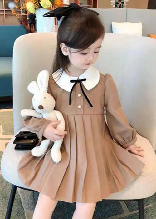 New Khaki Wrinkled Solid Cotton Girls Dresses Fall - Image 4